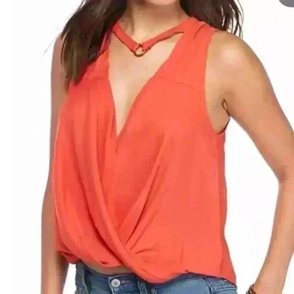 Free People Orange/Red Women's Size Medium Choker Faux-Wrap Blouse - Picture 4 of 6